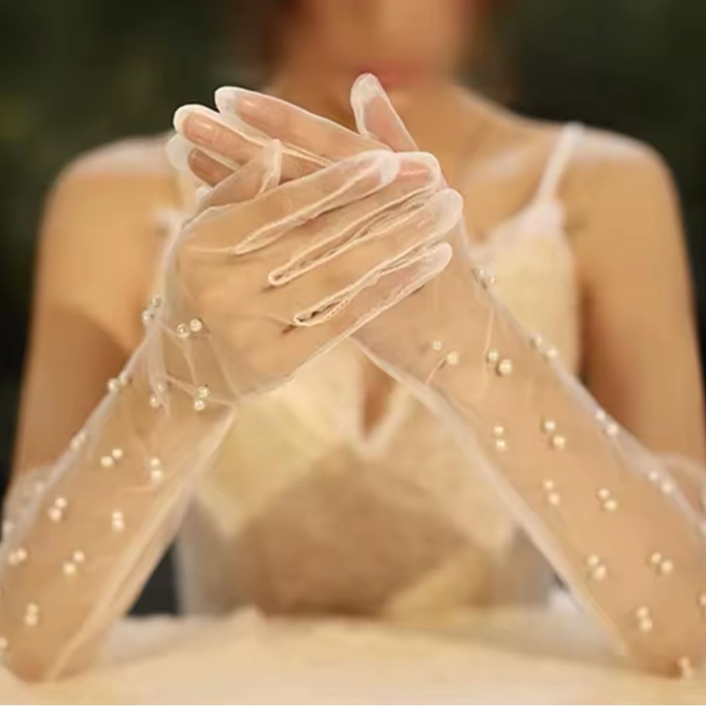 Elegant Sheer Pearl-Embellished Gloves